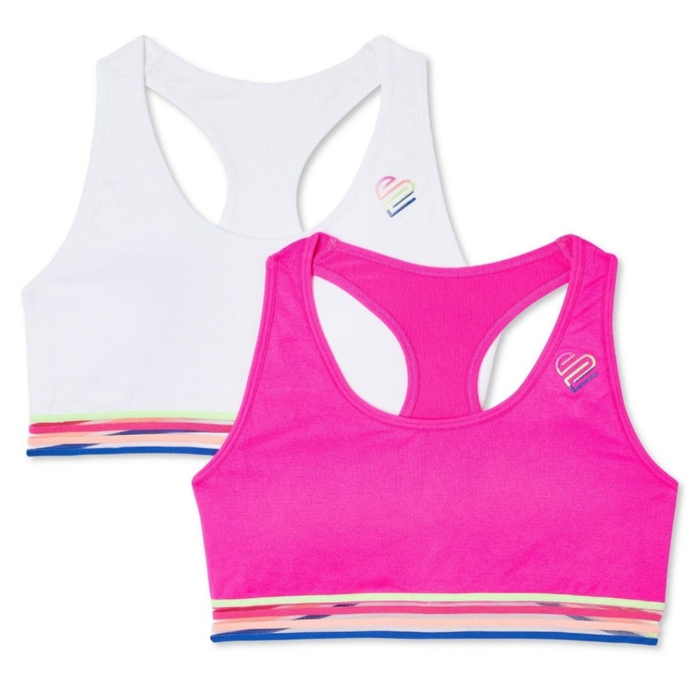 Brand New Justice Girls 2 Pack Pink and White Raceback Sports Bras